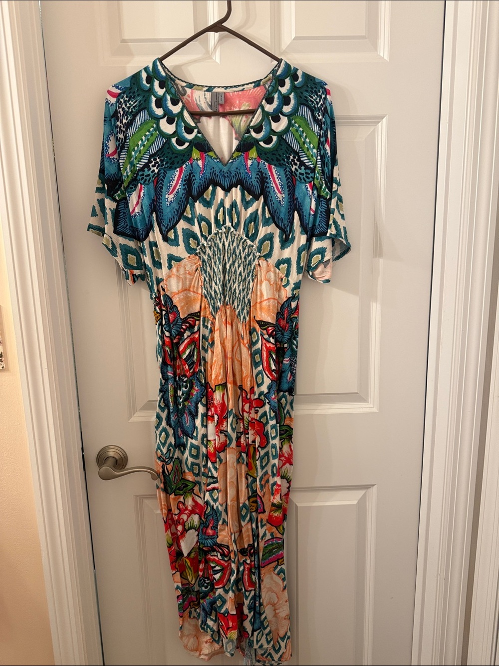 Anthropologie Colorful Floral & Geometric Maxi Dress in Teal and Coral